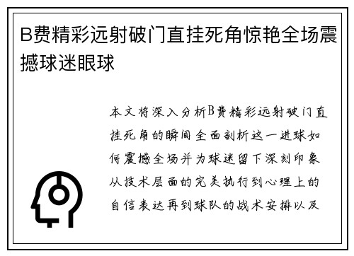 B费精彩远射破门直挂死角惊艳全场震撼球迷眼球
