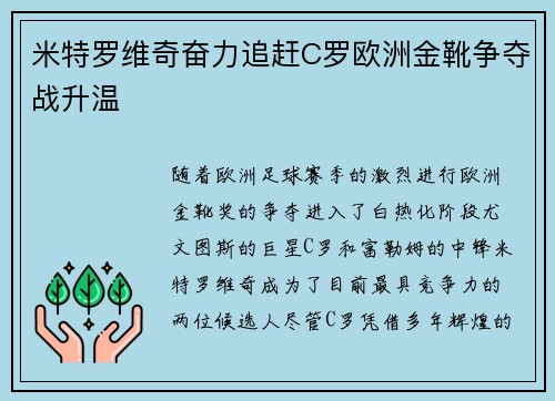 米特罗维奇奋力追赶C罗欧洲金靴争夺战升温 米特罗维奇奋力追赶C罗欧洲金靴争夺战升温