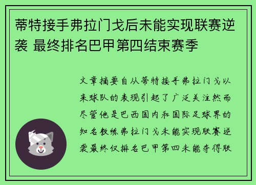 蒂特接手弗拉门戈后未能实现联赛逆袭 最终排名巴甲第四结束赛季